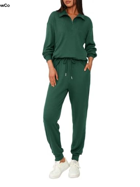 Pants - Women's 2 Piece Ribbed Knit Lounge Set with Half Zip and Pockets